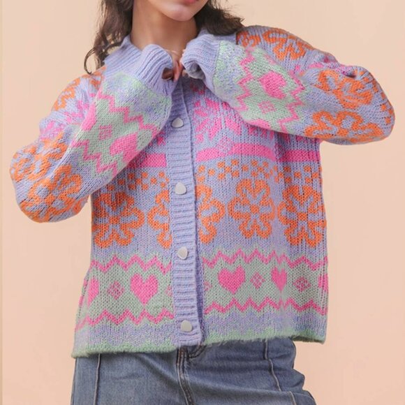 New In Oversized Button Down Pastel Graphic Knit Sweater Top - Picture 6 of 7